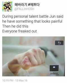 an image of someones hand holding something in front of him and the caption reads, during personal talent battle june said he have something that looks painful