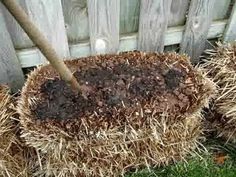 a pile of hay next to a wooden fence with a tree in the middle of it