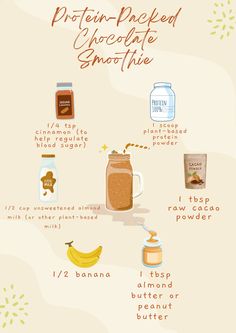 the ingredients for protein - packed smoothie are shown in this graphic style, including bananas and peanut butter