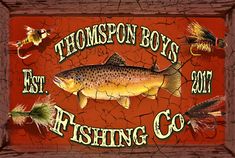 a painting of a fish and other fishing related items on a red background with the words,'thomas boys fishing co '