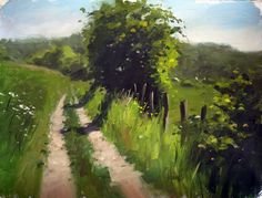 an oil painting of a dirt road in the middle of a green field with trees