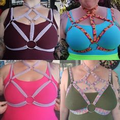 four different types of bras are shown in three colors, one is purple, the other is green