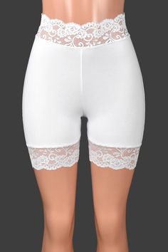 Mannequin wearing high waisted white stretch cotton/spandex shorts with 2.5" wide scalloped lace trim around waistband and legs. Stretch Lace Shorts, Black Stretch Lace, Micro Miniskirt, Shorts With Lace, Lace Up Leggings, Tank Top Skirt, Lace Trim Shorts, Leg Bands, Sheer Skirt