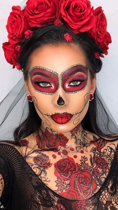 Day Of Dead Hairstyles, Mariachi Makeup, Red Day Of The Dead Makeup, Catrina Hairstyle, Day Of The Dead Face Makeup, Diy Day Of The Dead Makeup, Pink Day Of The Dead Makeup, Catarina Makeup, Red Catrina Makeup