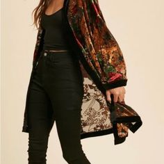 A Head Turning Statement Piece Black Burnout Velvet Kimono With Velvet Banding Floral Pattern Is Bronze, Burgundy And Green Rayon/Nylon/Poly Kimono Outfit, Velvet Burnout, Burnout Velvet, Floral Print Design, Beautiful Kimonos, Floral Kimono, Kimono Sleeve