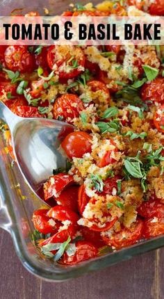 a glass casserole dish filled with tomatoes and bread crumbs, topped with parsley