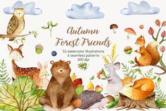 watercolor forest animals clipart set with autumn leaves and mushrooms for digital scrapbooking