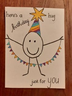 a birthday card with a drawing of a person wearing a party hat and holding his arms in the air