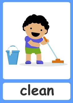 a boy cleaning the floor with a mop and bucket in front of him, which is