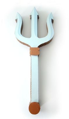 a blue and brown wooden handle with two horns on it's end, against a white background