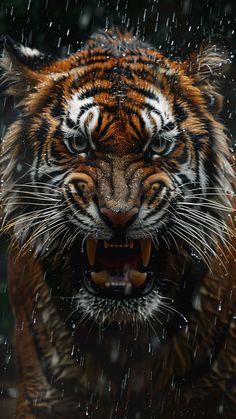 a tiger with its mouth open in the rain