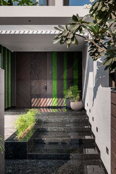 an entry way with steps leading up to the door and planters on either side