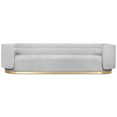 a white couch with gold trim on the arm and back end, in front of a white background