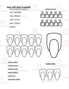 If you're a nail content creator, nail artist, nail technician, nail educator or a nail brand owner, these printable nail art sketchbook templates are perfect for you to practice your nail art designs or plan your nail designs for your brand collaborations or clientele. *THIS IS A DIGITAL DOWNLOAD OF A PDF DOCUMENT* includes 1 INDIVIDUAL nail sheet There are SEVEN nail shapes available on the store: - Round - Almond - Coffin - Stiletto - Oval - Square - Lipstick Also included on each printable sheet is useful information you may need as a content creator or nail artist when posting on social media as well as a color palette section for you to record the gel/nail colours you use in your nail design.  You can print and use as is or you can print and laminate them for easy clean up. Suggested Acrylic Nail Template, Nail Sketch Template, Nail Art Planner Template, Nail Art Practice Template, Practice Nail Art Sheet, Coffin Nail Art, Printable Nail Art, Instagram Ad Campaigns, Festive Nail Designs