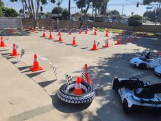 two go kart racing cars parked next to orange traffic cones on the ground in front of some palm trees