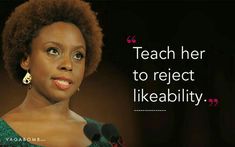 a woman with an afro speaking into microphones in front of a quote that reads teach her to reflect likeabiity