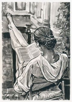 a drawing of a woman reading a book