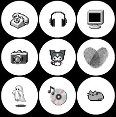 six different types of computer icons on white circles with black background, each containing a fingerprint