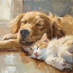 a painting of a dog and cat sleeping together