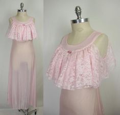 E R A // unknownmaxi nightie with ruffled lace bust overlay.slightly metallic pink. has a bit of stretch, very sheer!B R A N D // MastiqueC O L O R S // light pinkC O N T EN T // 100% polyesterclosures // nonelined? // noS I Z I N G //tag size // smallestimated modern size // small to medium (bust is snug on form)mannequin measurements // mannequin: 32.5"-24"-35"; form: 34"-28"-35"clipped to fit mannequin? // nostretchy fabric? // yesM E A S U R E M E N T S // taken laying flatpit to pit // 15"w Cute Pjs, Women's Nightgowns, Metallic Pink, R A, Night Gown, Cold Shoulder, Light Pink, Flower Girl Dresses, Bathing Beauties