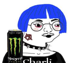 a drawing of a woman with blue hair and glasses holding a can of monster energy