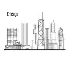 the chicago skyline with skyscrapers in black and white outline on a white background illustration