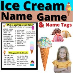 the ice cream name game and name tags are in front of an advertisement for children's ice cream