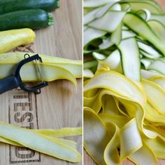 there are two pictures with different vegetables on the same cutting board, one has zucchini and the other has an eggplant