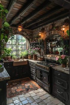 an old - fashioned kitchen is decorated with potted plants