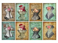 six different pictures of women's dresses with flowers in their corsets and bras