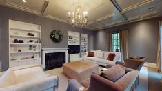 a living room filled with furniture and a chandelier hanging from the skylight