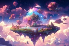 an island floating in the air surrounded by clouds and stars, with trees on top