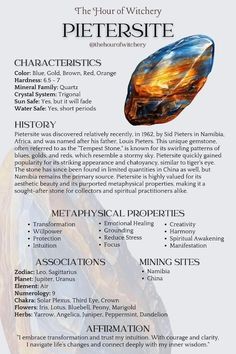 Pietersite Crystal Meaning, Pietersite Meaning, Grimoire Notes, Energy Stones Crystal Healing, Spiritual Coaching, Gemstones Chart, Spell Jars, Gemstone Properties, Crystals Healing Properties