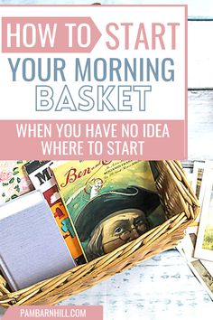 a basket filled with books sitting on top of a table