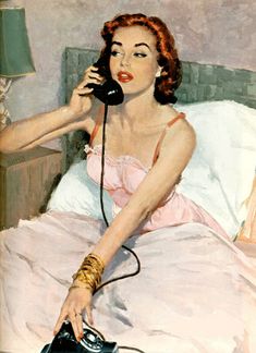 a painting of a woman laying in bed talking on the phone