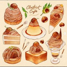 watercolor drawing of desserts and pastries