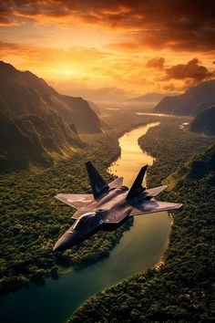 a fighter jet flying over a lush green forest under a cloudy sky in the middle of a river