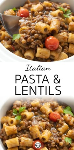 two bowls filled with pasta and lentils on top of each other, one has a spoon in it