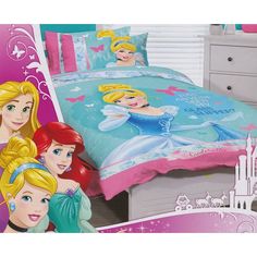 a bed with princesses on it in a bedroom