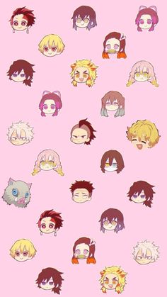 many different anime avatars on a pink background