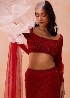 Red fish cut embroidered lehenga with flora motifs with intricate 3d floral blouse paired with dupatta. Fishtail Lehenga, Pre Bridal, Vacuum Storage, Red Lehenga, Embroidered Lehenga, Indian Wedding Wear, Red Chiffon, Lehenga Blouse, Western Wedding