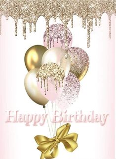 a pink and gold birthday card with balloons