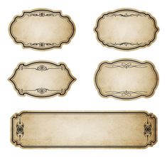 an old fashioned set of four labels with ornate scrolls and scroll designs on the edges