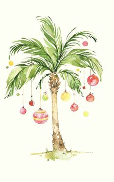 a watercolor painting of a palm tree with ornaments hanging from it's branches