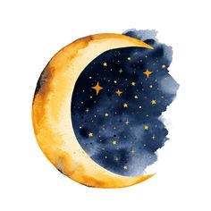 a watercolor painting of the moon with stars on it's side, against a white background