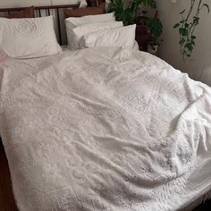 an unmade bed with white linens and pillows in a small room next to a potted plant