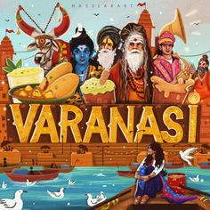 an advertisement for the movie varanasi with people sitting on a boat in front of them