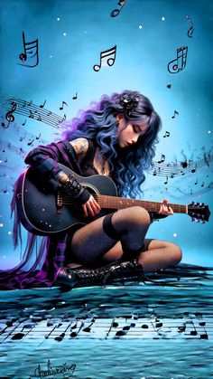 a painting of a woman sitting on the ground with a guitar and musical notes above her