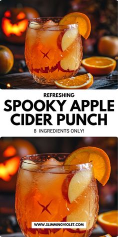 spooky apple cider punch with orange slices in it and the title overlay reads, refreshing spooky apple cider punch