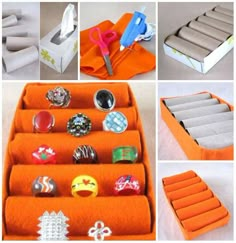 an orange box with several different items in it, including scissors and other things inside